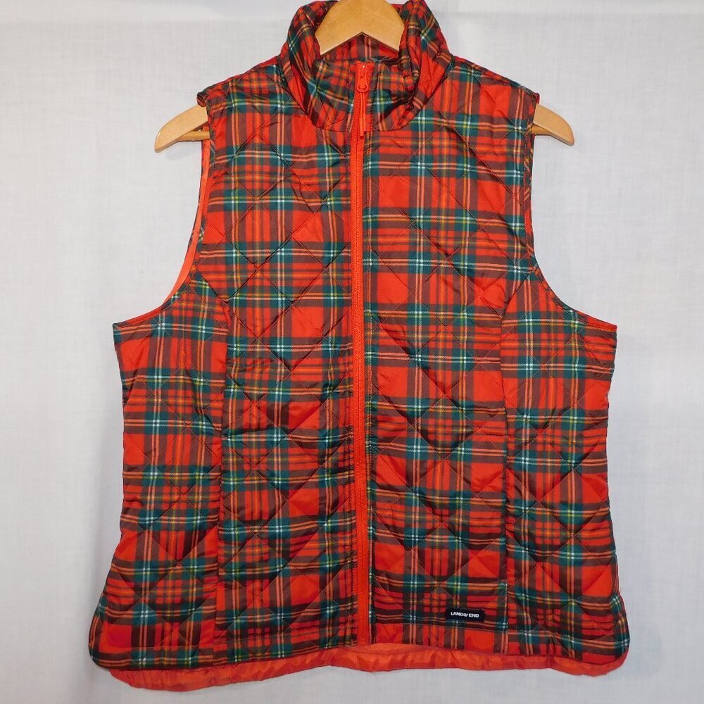 Land's End Red Blue Tartan Plaid Light quilted Puffer Vest Womens XL NEW w Tag